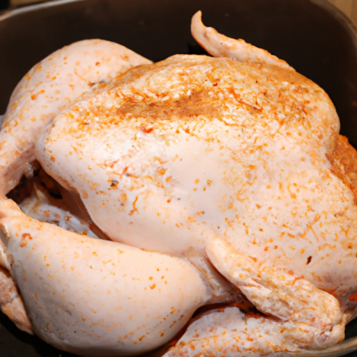 A close-up of a seasoned turkey ready to be placed in the Dutch oven for roasting.